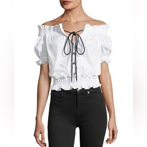 Caroline Constas White Off the Shoulder Button Front Cropped Poplin Top